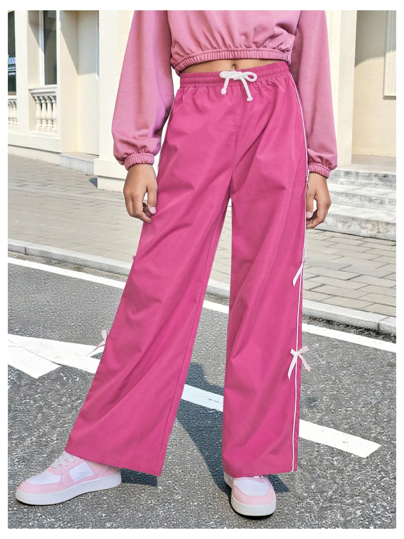 WDIRARA Girl's Bow Side Waist Track Pants Cute Wide Leg Trousers Hot Pink White 10Y