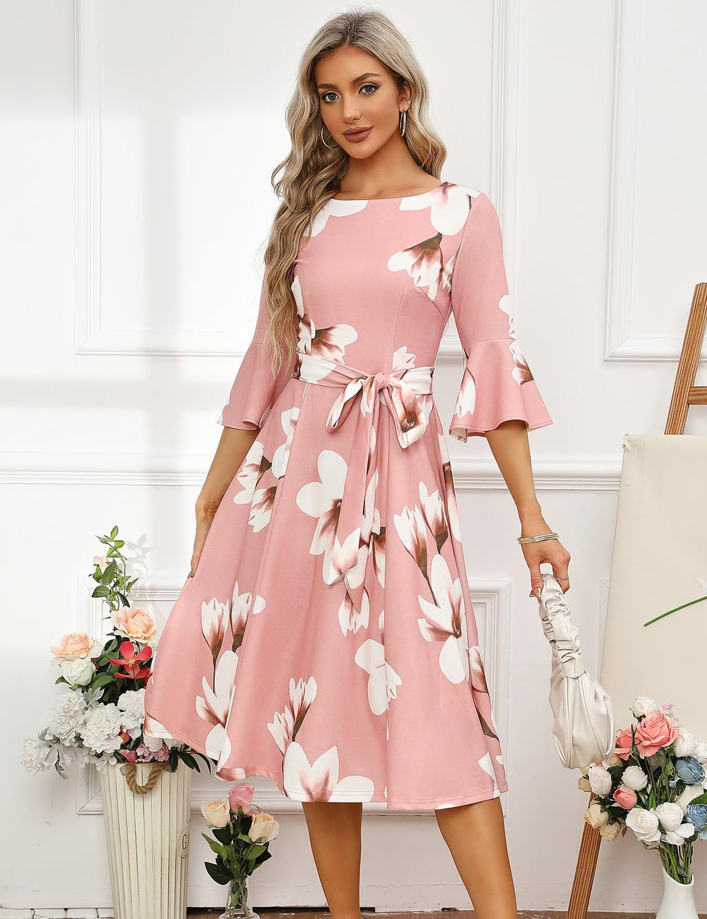 HomRain Modest for Church Elegant 3/4 Sleeve Dress for Women Casual Work Bell Sleeve Dresses for Formal Bridesmaid Wedding Guest Blush-White-Flower XL