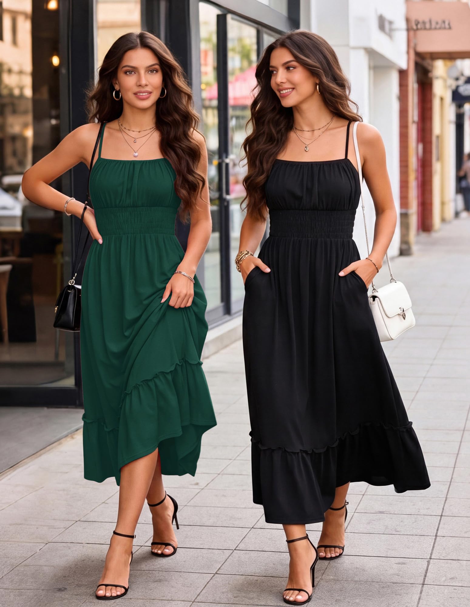 GRACE KARIN Women's Summer Maxi Dress 2026,Smocked Ruched Bust Sundress with Adjustable Straps & Pockets Green M