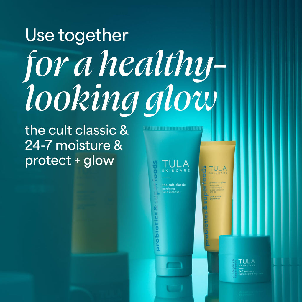 TULA Skin Care Protect + Glow Daily Sunscreen - Gel, Broad Spectrum SPF 30, Skincare-First, Non-Greasy, Non-Comedogenic and Reef-Safe with Pollution and Blue Light Protection, Regular, 1.7 fl oz.