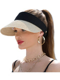 Women Wide Brim Straw Visor Sun Hat UV Protection Packable Beach Cap for Summer UPF 50+(Beige)
