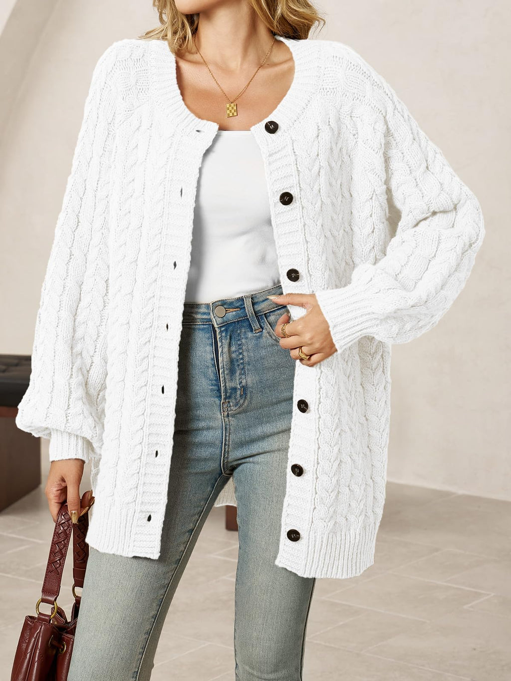 Saodimallsu Womens Cable Knit Cardigans Oversized Chunky Button Down Long Lantern Sleeve Crew Neck Warm Sweater Dress White
