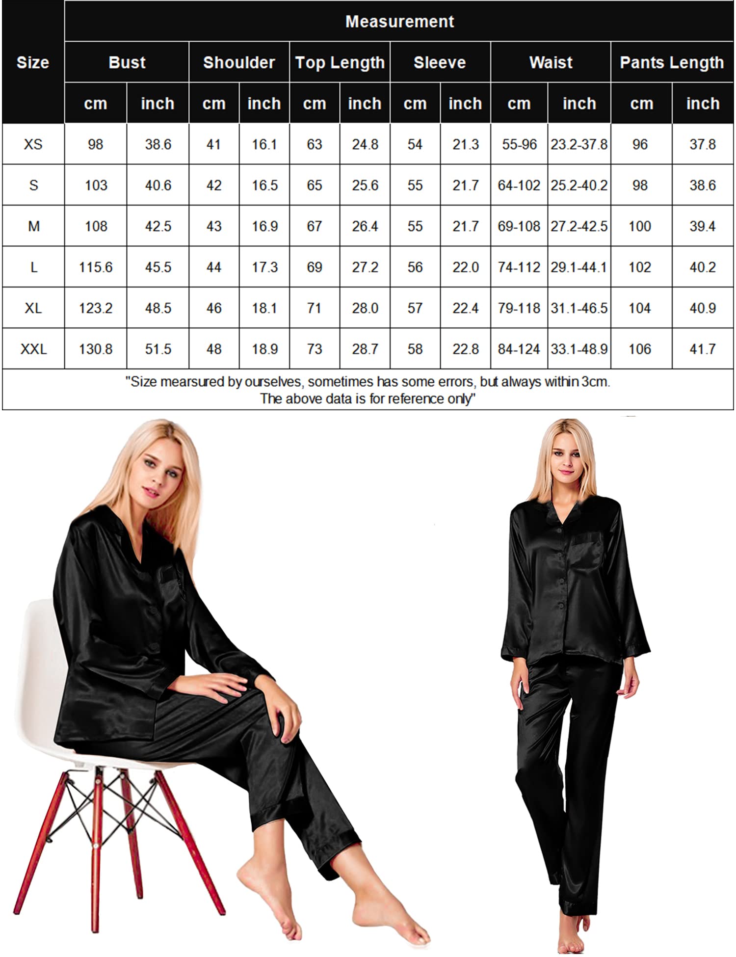 SWOMOG Long Sleeve Pajamas Set Silk Satin Sleepwear Button Down Pjs Loungewear with Pocket Black X-Large