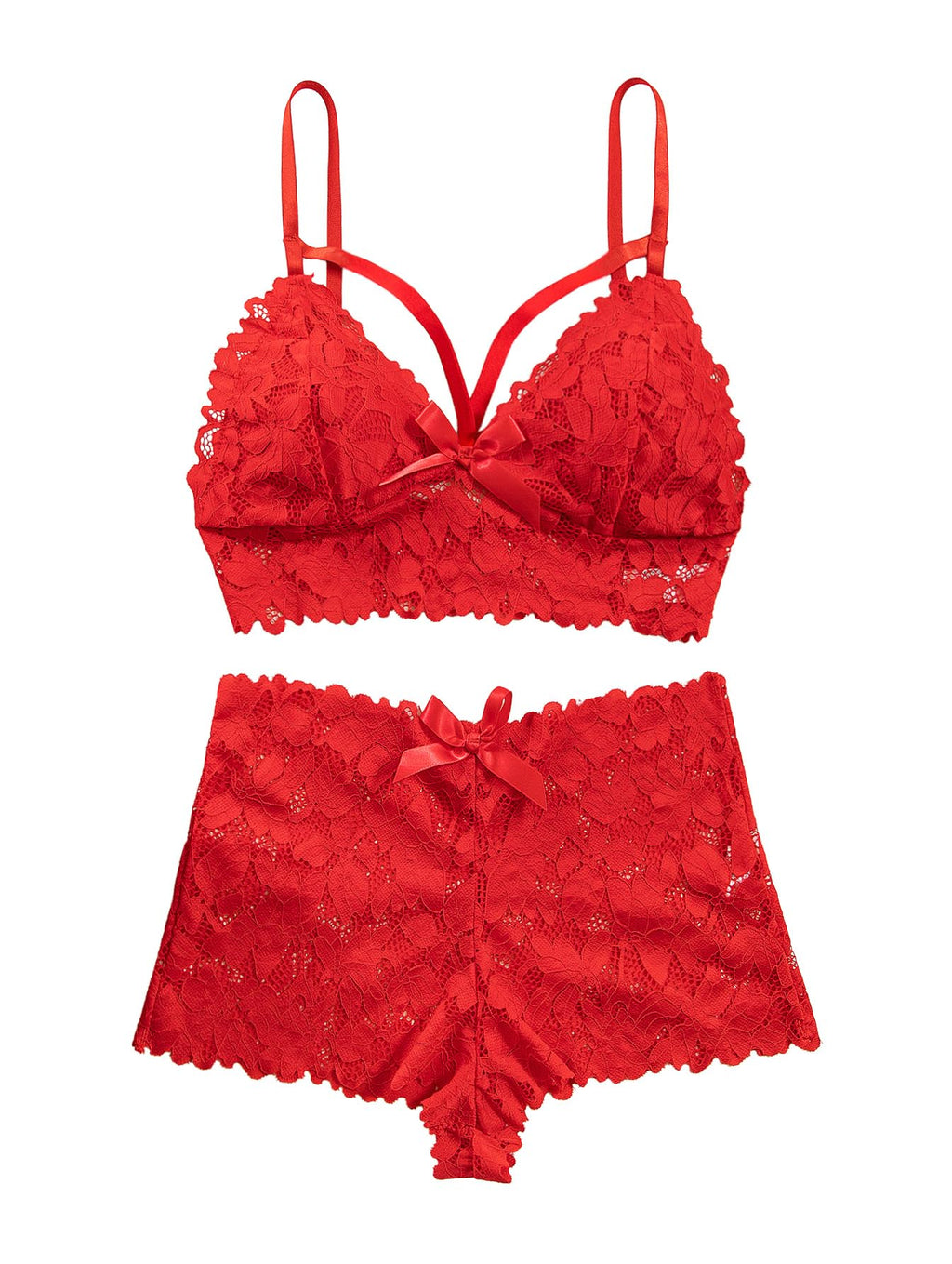 Lilosy Petite Sexy Strappy Harness Women Floral Lace Pajamas Lingerie Set High Waist Sheer Sleepwear See Through Nightwear Bow Ties Cami Shorts Bra and Panty 2 Piece Bright Red 3X-Small