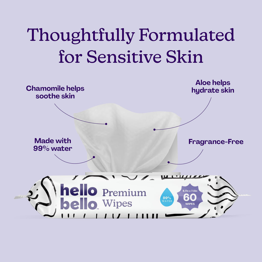 Hello Bello Premium Wipes, Designed for Sensitive Skin with Chamomile & Aloe Extracts, Playful Sketches (12 Resealable Packets = 720 Total Wipes)