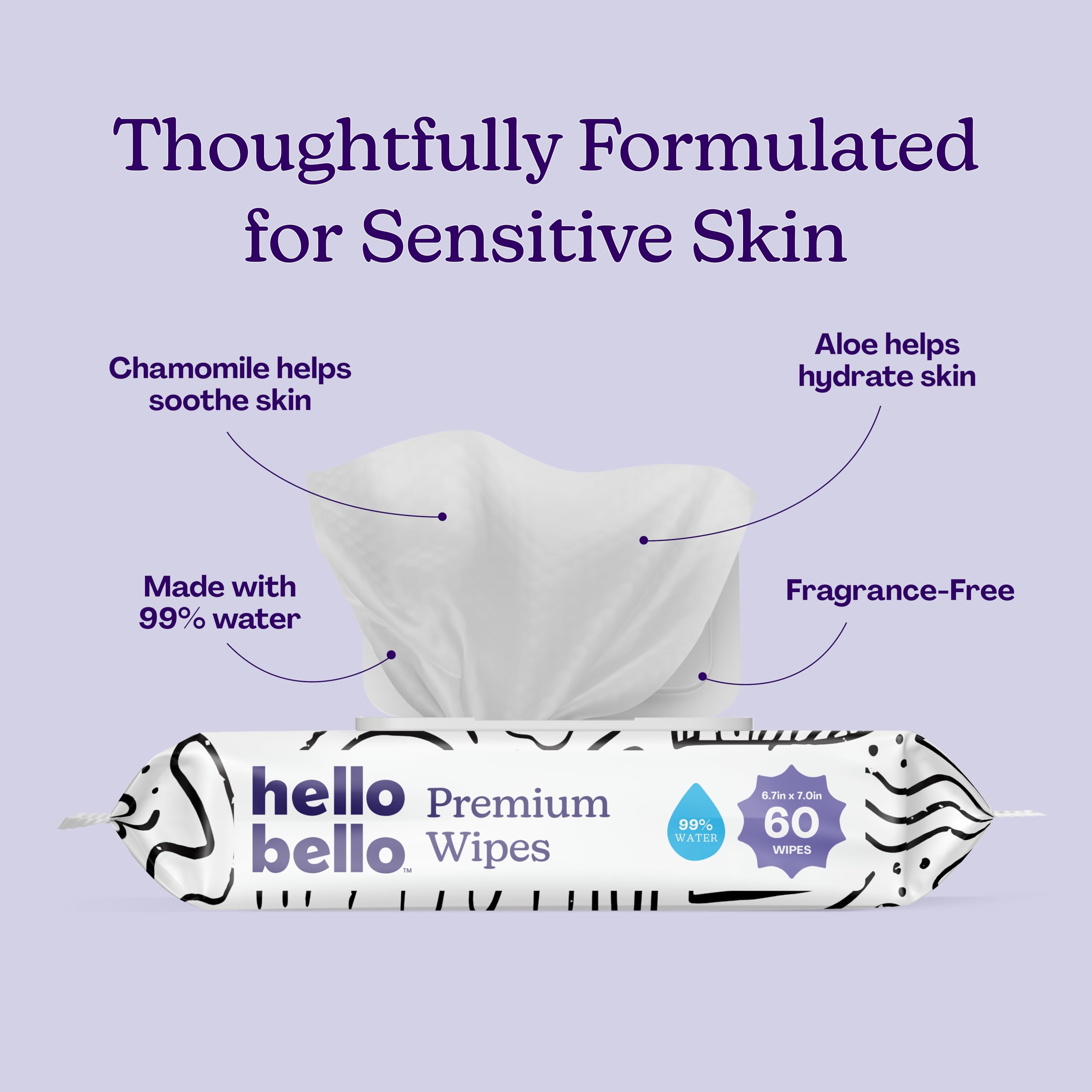Hello Bello Premium Wipes, Designed for Sensitive Skin with Chamomile & Aloe Extracts, Playful Sketches (12 Resealable Packets = 720 Total Wipes)
