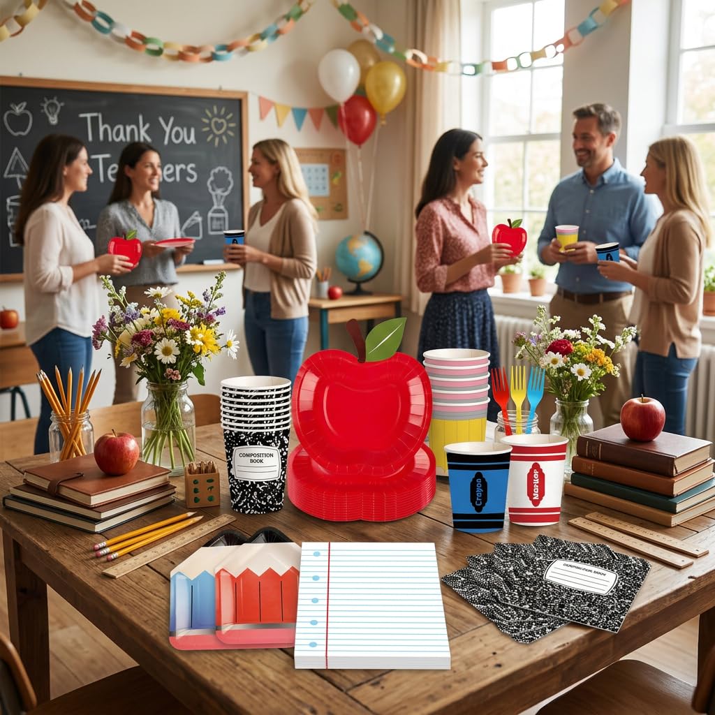 120 PCS Back to School Party Supplies, School Paper Plates and Napkins Set for 24 Guests, Pencil Shaped Plates, Composition Book & Notebook Napkins, 9 oz Cups, Forks, Classroom First Day of School