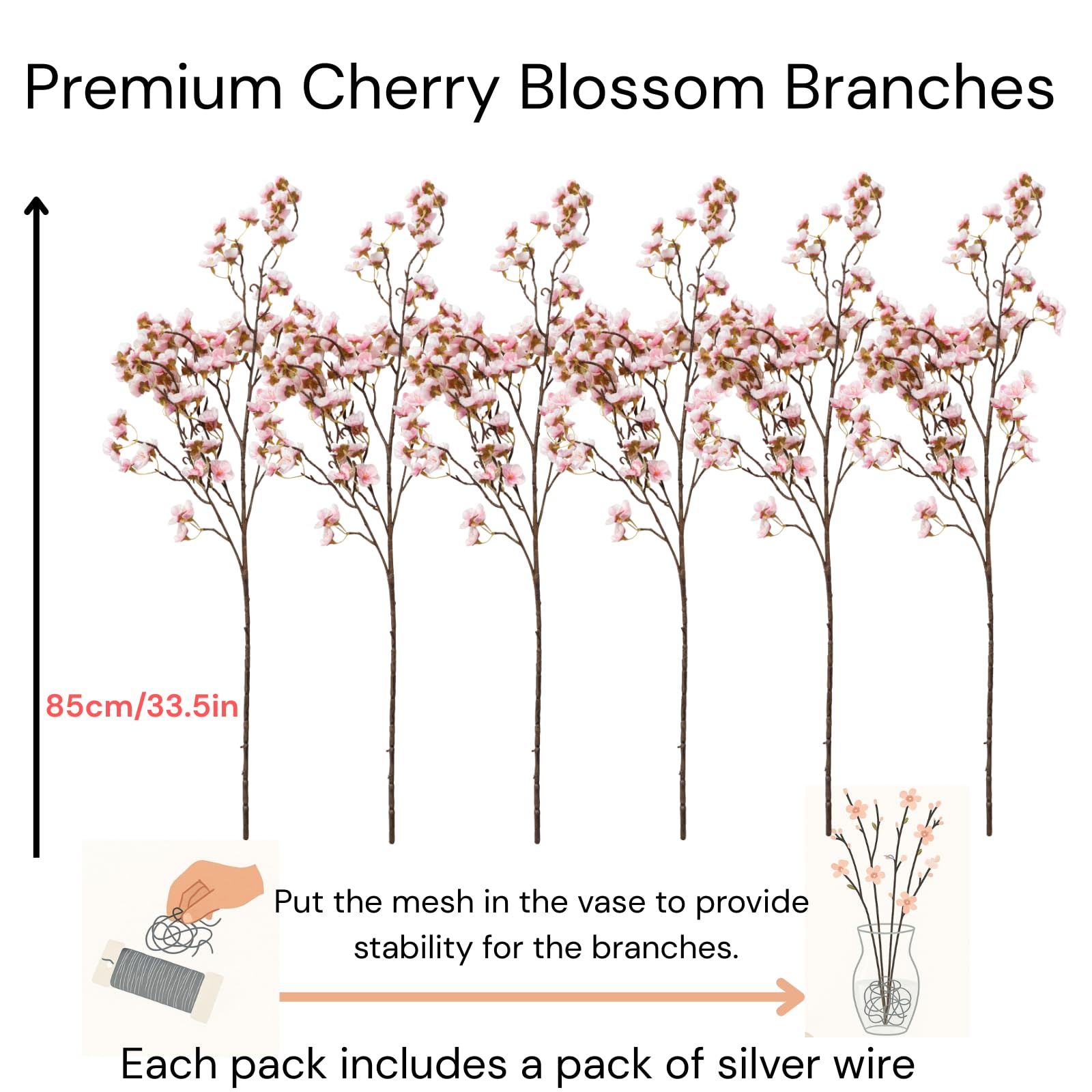Pink Cherry Blossom Branches – 6 Pcs 33.5" Long Stem Artificial Flowers for Tall Vase, Faux Silk Spring Decorations for Home, Realistic Fake Pink Flowers for Bedroom & Wedding Centerpiece Decor