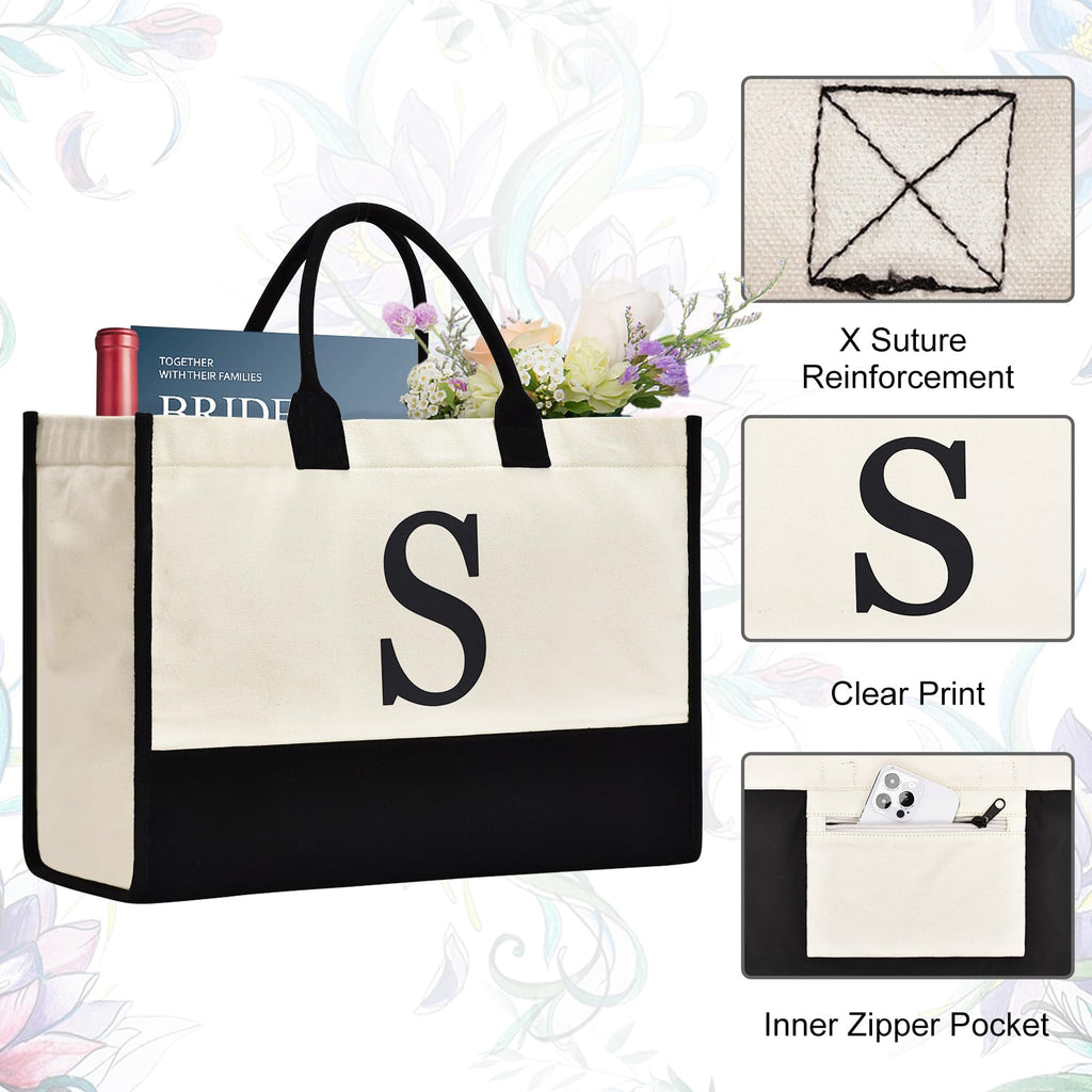 GASSDA Initial Canvas Tote Bag Birthdays Gift for Women Mom Teacher Friend Bridesmaid,Custom for Wedding Beach Holidays