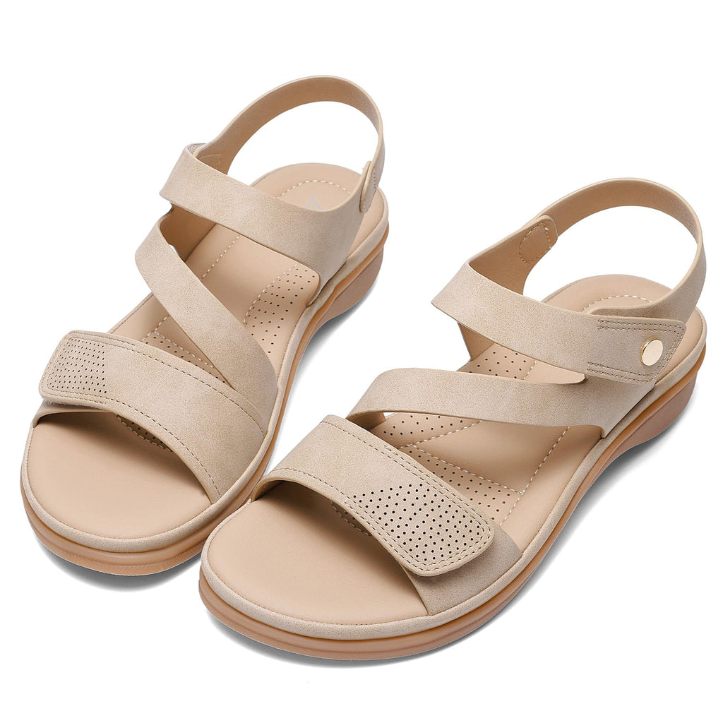 Littleplum Womens Sandals Arch Support – Comfortable Flat Sandals for Women, Summer Breathable Adjustable Orthotic Walking Shoes for Beach,Travel Apricot Size 7