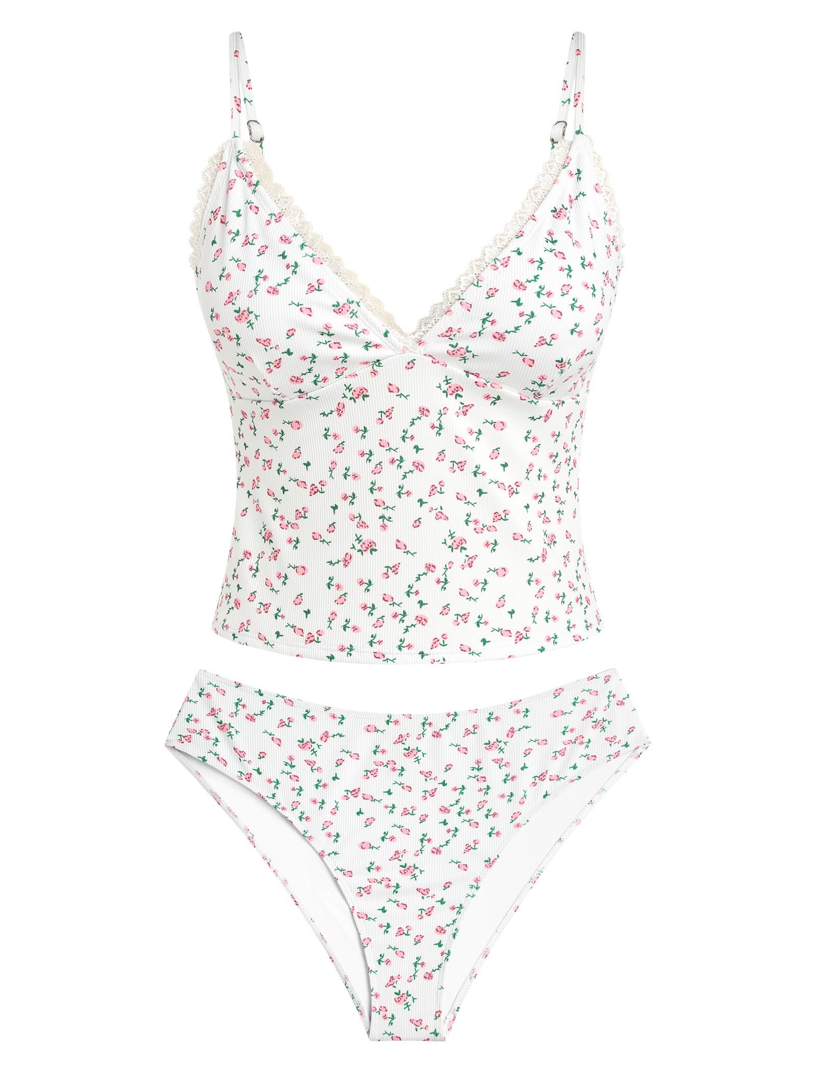ZAFUL Swimsuits for Women's Tummy Control Tankini V Neck High Waisted Tie Bikini Set 2 Pieces Bathing Suits (7-White, M)