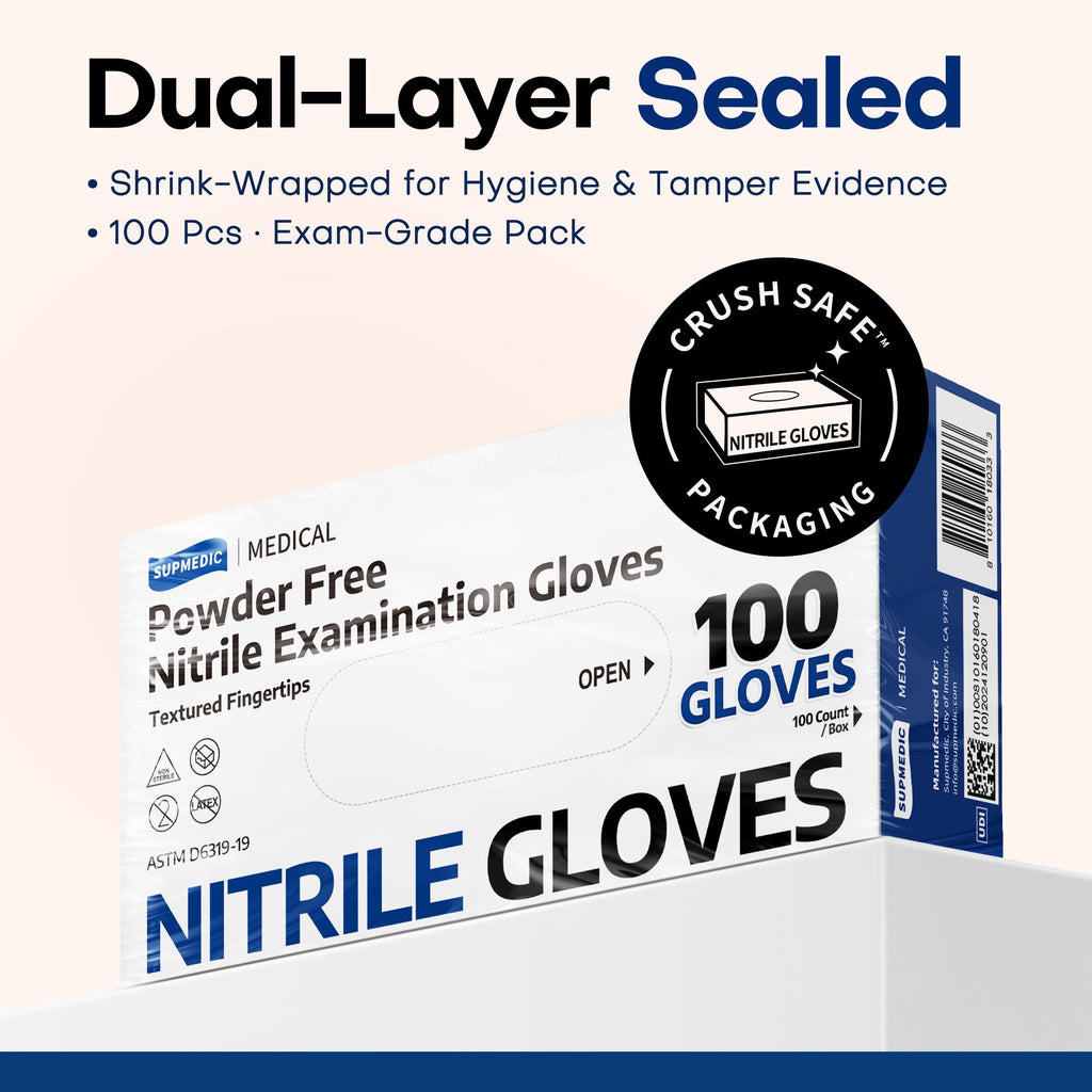 Supmedic Disposable Nitrile Gloves, Chemical Resistant, Powder-Free, Latex-Free, Food Safe, Medical Exam Gloves, Black, Large, 100 Pcs