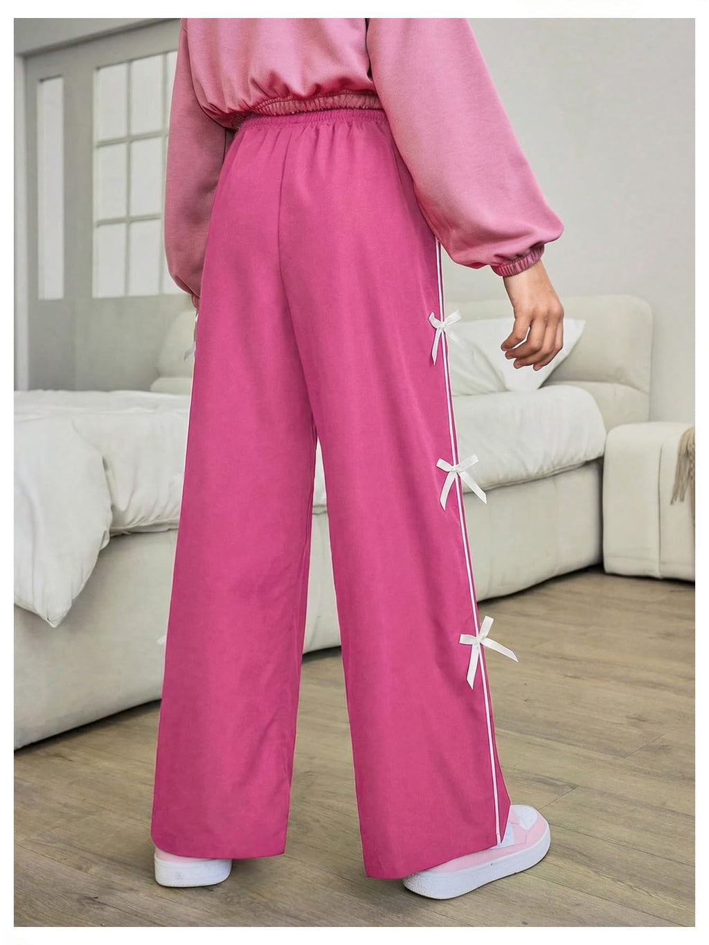 WDIRARA Girl's Bow Side Waist Track Pants Cute Wide Leg Trousers Hot Pink White 10Y