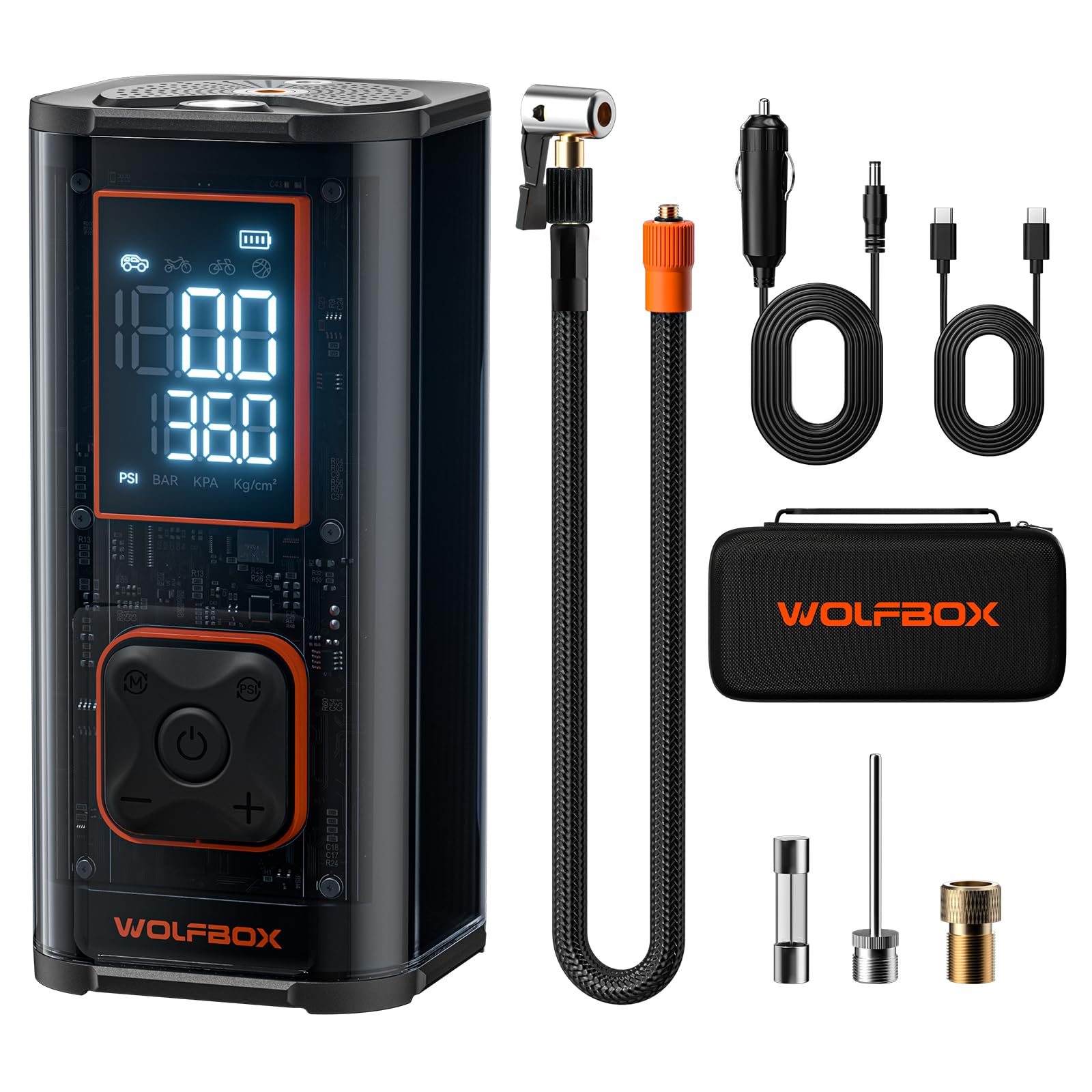 WOLFBOX 150PSI Heavy Duty Tire Inflator Portable Air Compressor,Double- cylinder 45LPM Fast Air Pump for Car Tires,3.5'' LED Display,20'' Hose,Air Compressor for Car,Pickup Truck,Bike