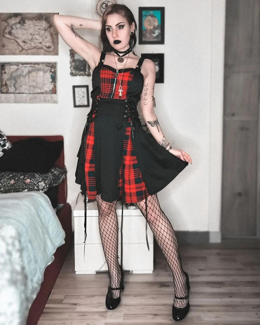 ROSE GAL Gothic Lace Up Plaid Half Zipper Fit and Flare Gothic Dress（Black-219/2X）