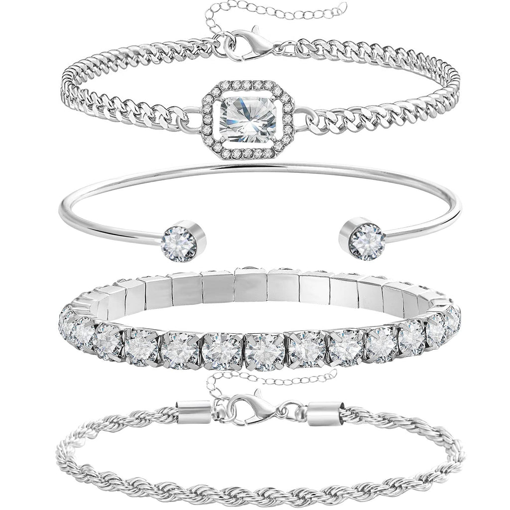 17IF 4 Pcs Dainty Silver Bracelets Set for Women 14K Plated Link Cubic Zirconia Paperclip Stack Layering Chain Adjustable Trendy Hand Jewelry (Silver)