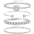17IF 4 Pcs Dainty Silver Bracelets Set for Women 14K Plated Link Cubic Zirconia Paperclip Stack Layering Chain Adjustable Trendy Hand Jewelry (Silver)