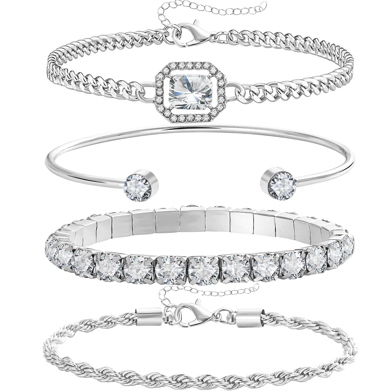 17IF 4 Pcs Dainty Silver Bracelets Set for Women 14K Plated Link Cubic Zirconia Paperclip Stack Layering Chain Adjustable Trendy Hand Jewelry (Silver)