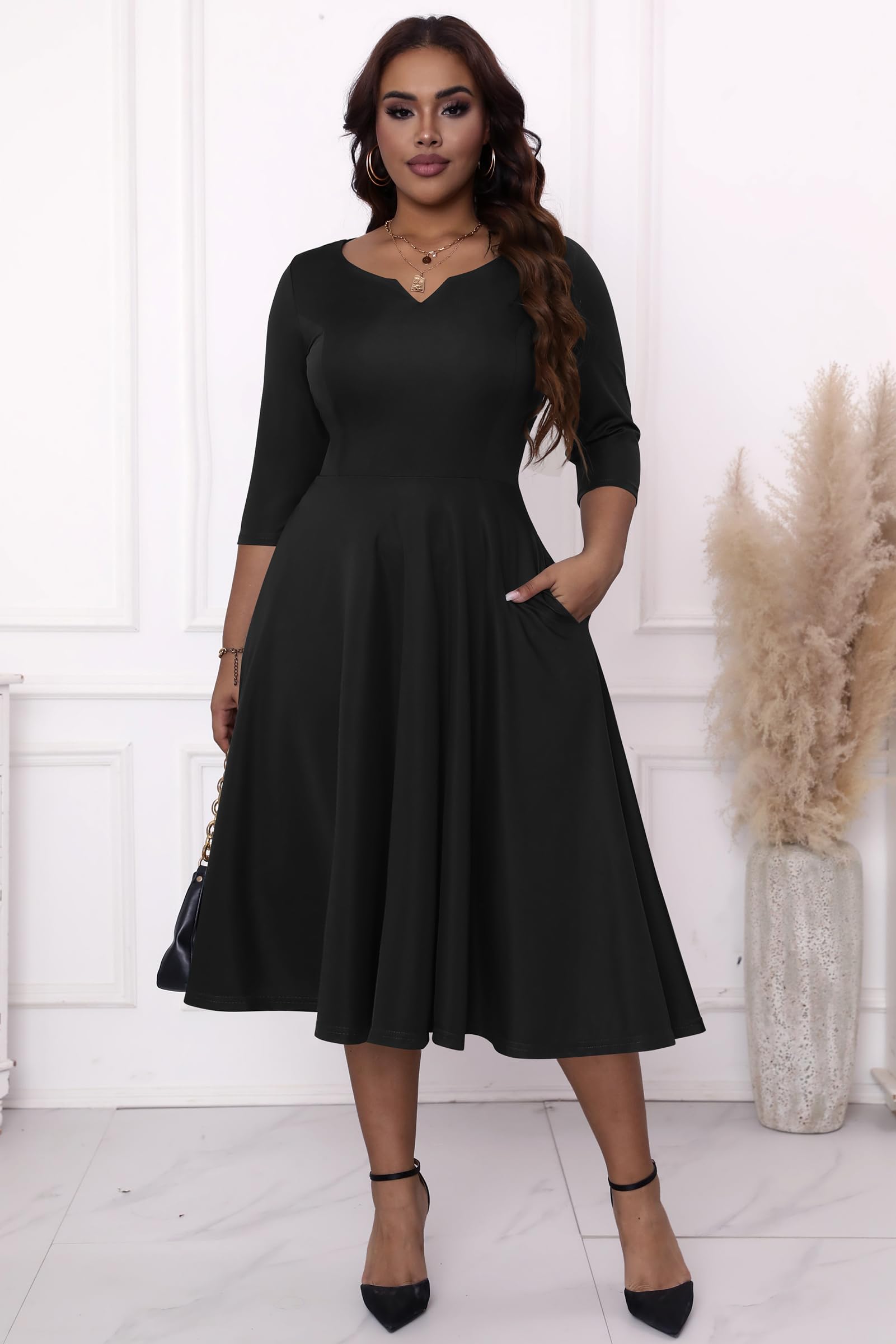 Runwind Plus Size Black Dresses for Curvy Women Fit and Flare Swing Semi Formal Cocktail Wedding Guest Party Dress Black 5XL