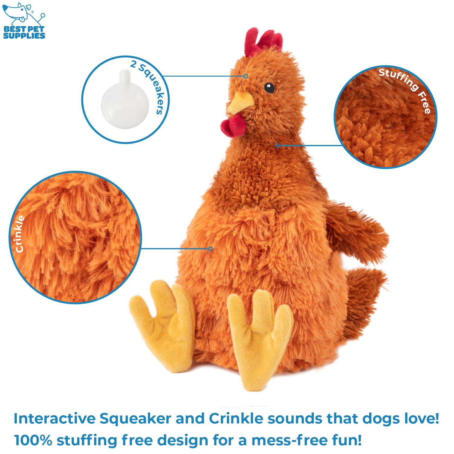 Best Pet Supplies Interactive Squeaky Dog Chew Toy, Ideal Dog Toys for Chewers, Small, Medium & Large Dogs, and Fetch Lovers - Crinkle Chicken (Brown), Large