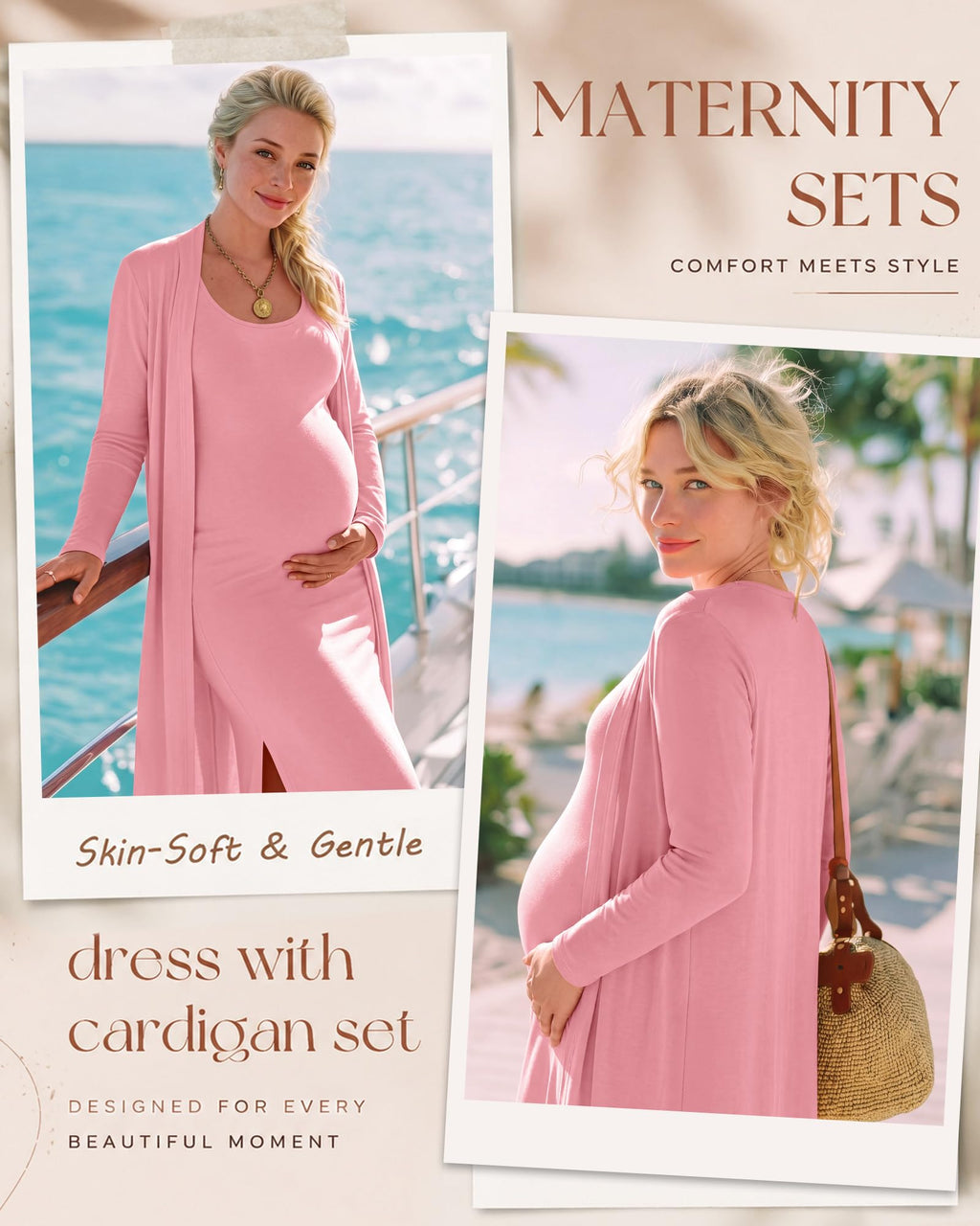 Huukeay 2 Piece Women Maternity Dress Cardigan Set, Pink, Small