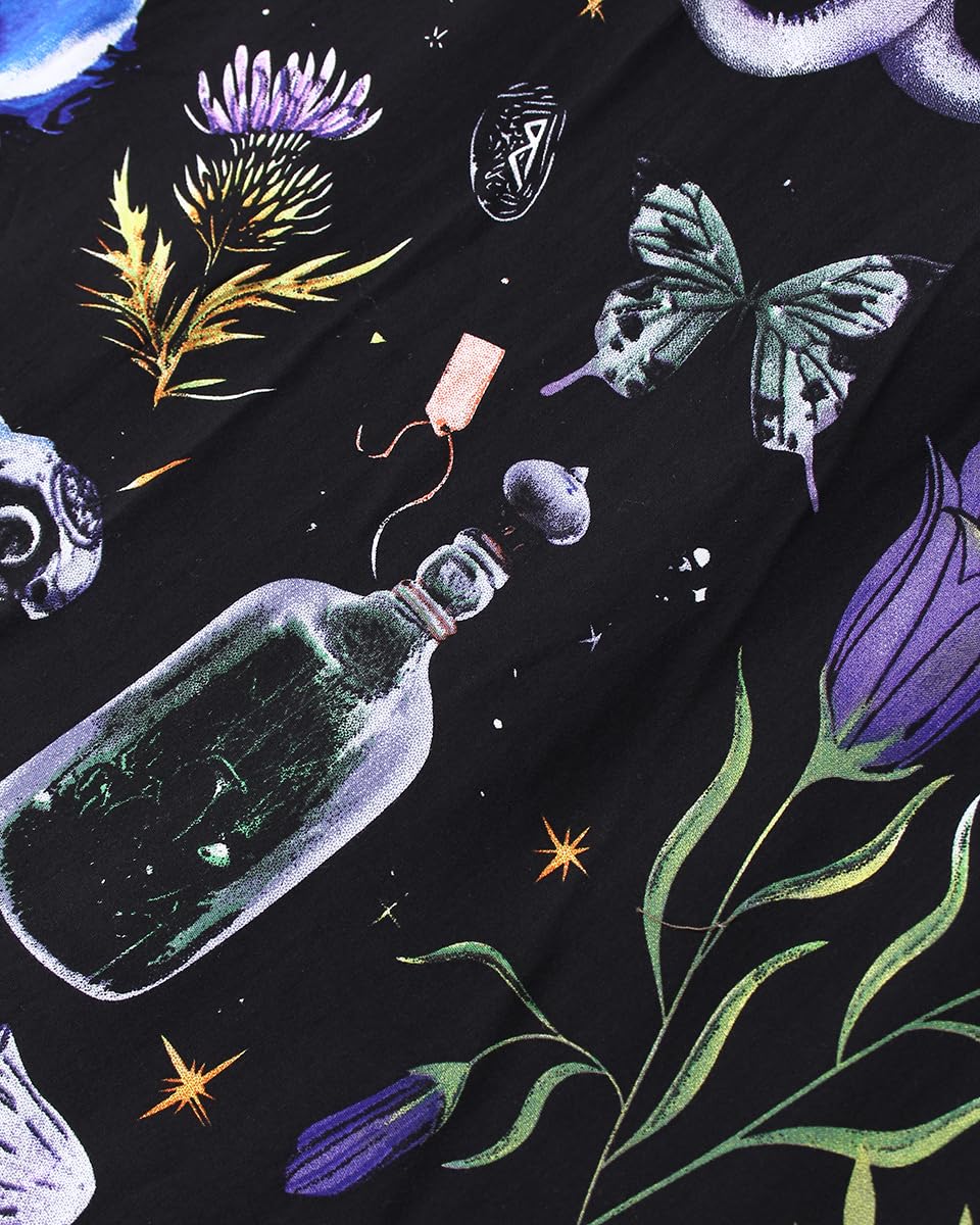 CORAMOON Womens Summer Sun Dresses Mystical Gothic Maxi Dress Casual Floral Witch Dress Date Dress Halloween Outfits (US, Alpha, X-Large, Regular, Regular, Black)