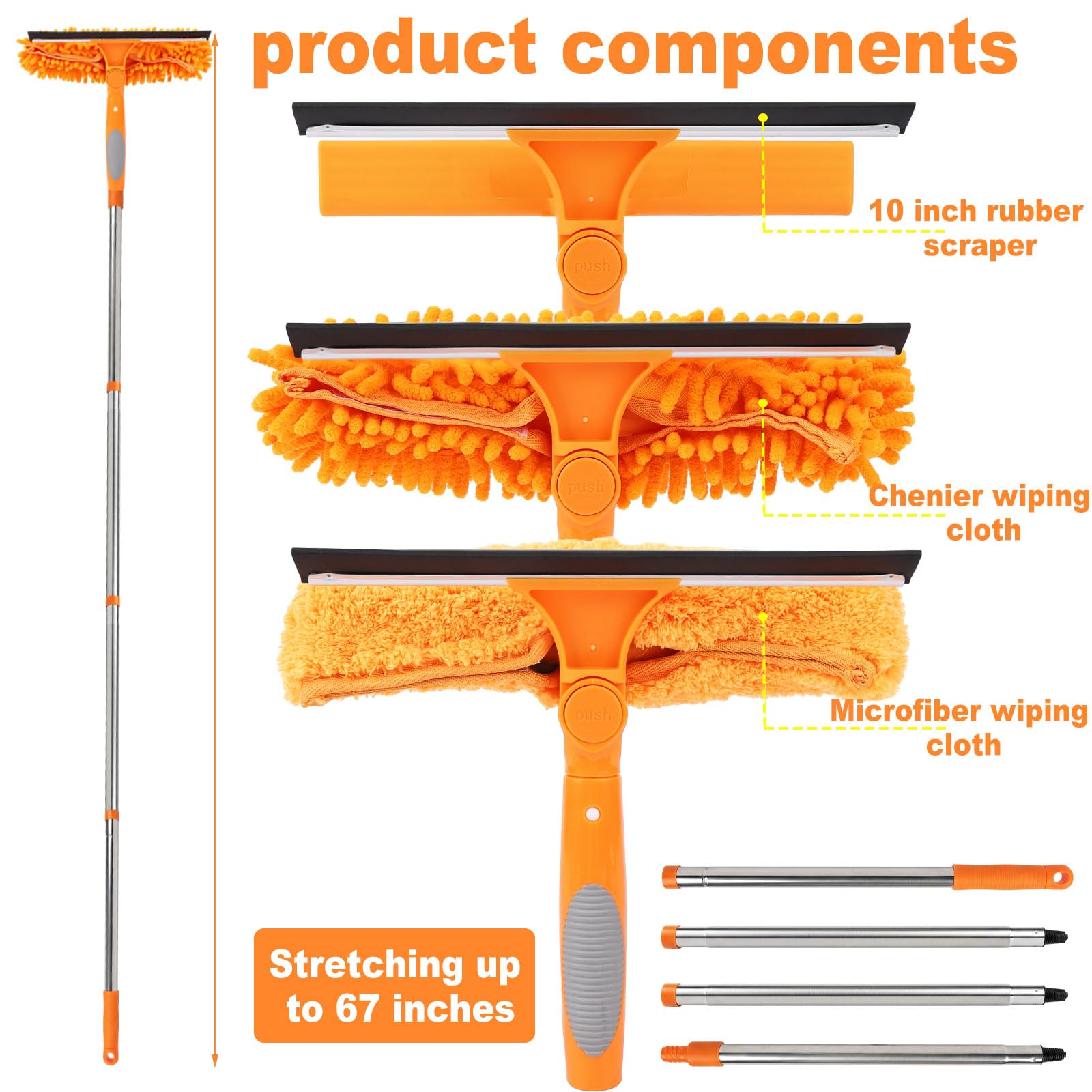 Lemosyu 3-in-1 Window Cleaner Tool with Rotating Head,67" Window Squeegee with Extension Pole, Window Cleaning Squeegee Kit for Indoor & Outdoor High Windows and Car Glass