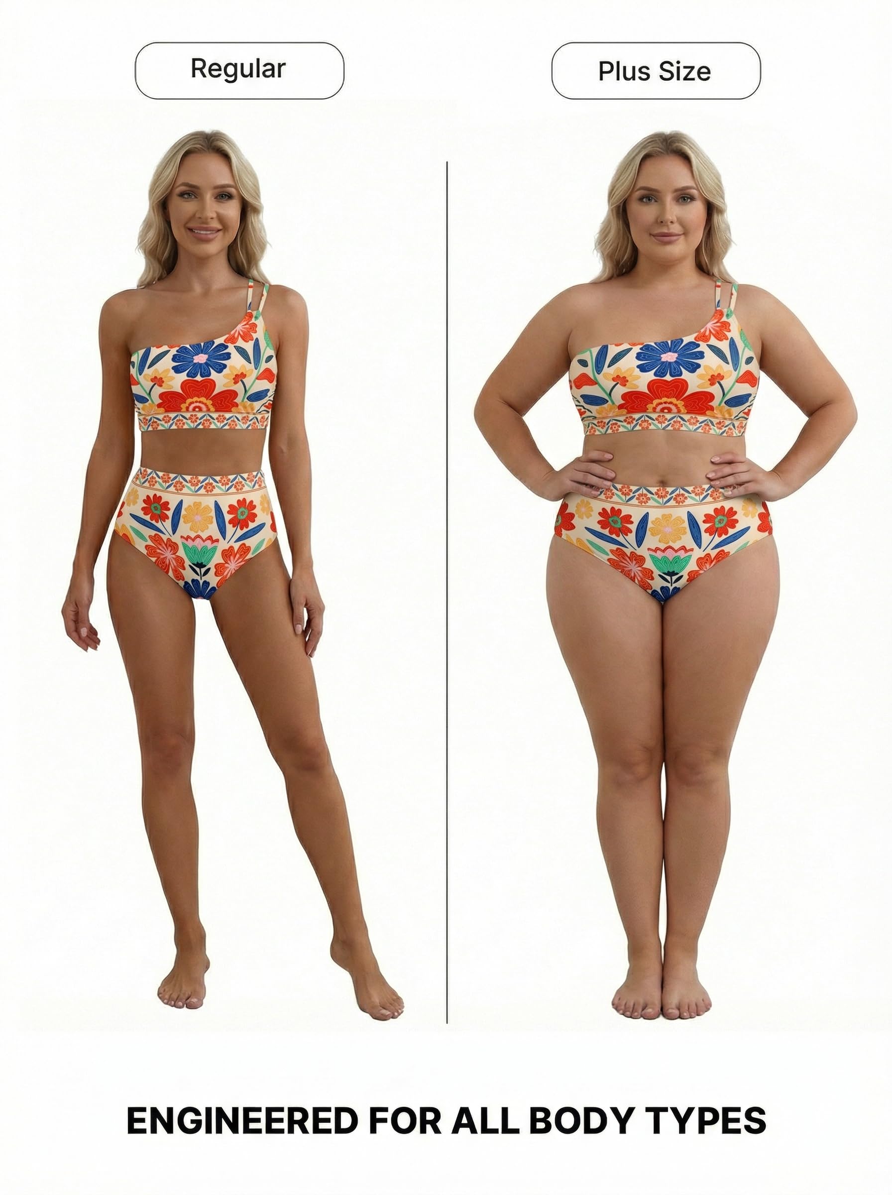 Herseas Women Bikini Sets One Shoulder Supportive Swimsuits Summer 2026 High Waisted Tummy Control 2 Piece Bathing Suits Fashionable Athletic Outfits Teen Girls Multicolor Floral X-Large