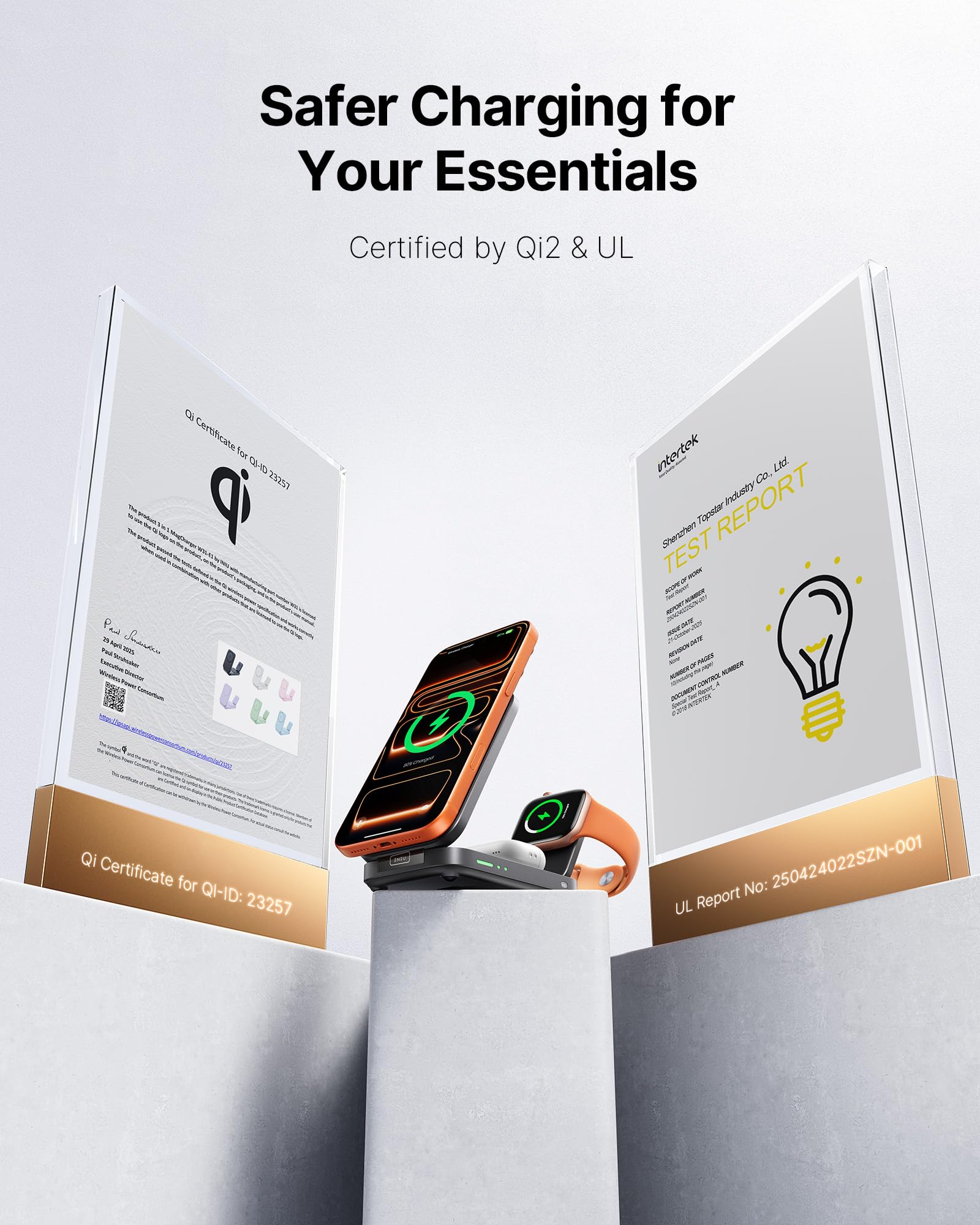 INIU 3 in 1 Foldable Wireless Charging Station, Original Qi2 Certified 15W Fast Mag-Safe Charger Stand for iPhone 17 16 15 14 13 12, Apple Watch, AirPods, Ideal for Travel Office Desk Accessories