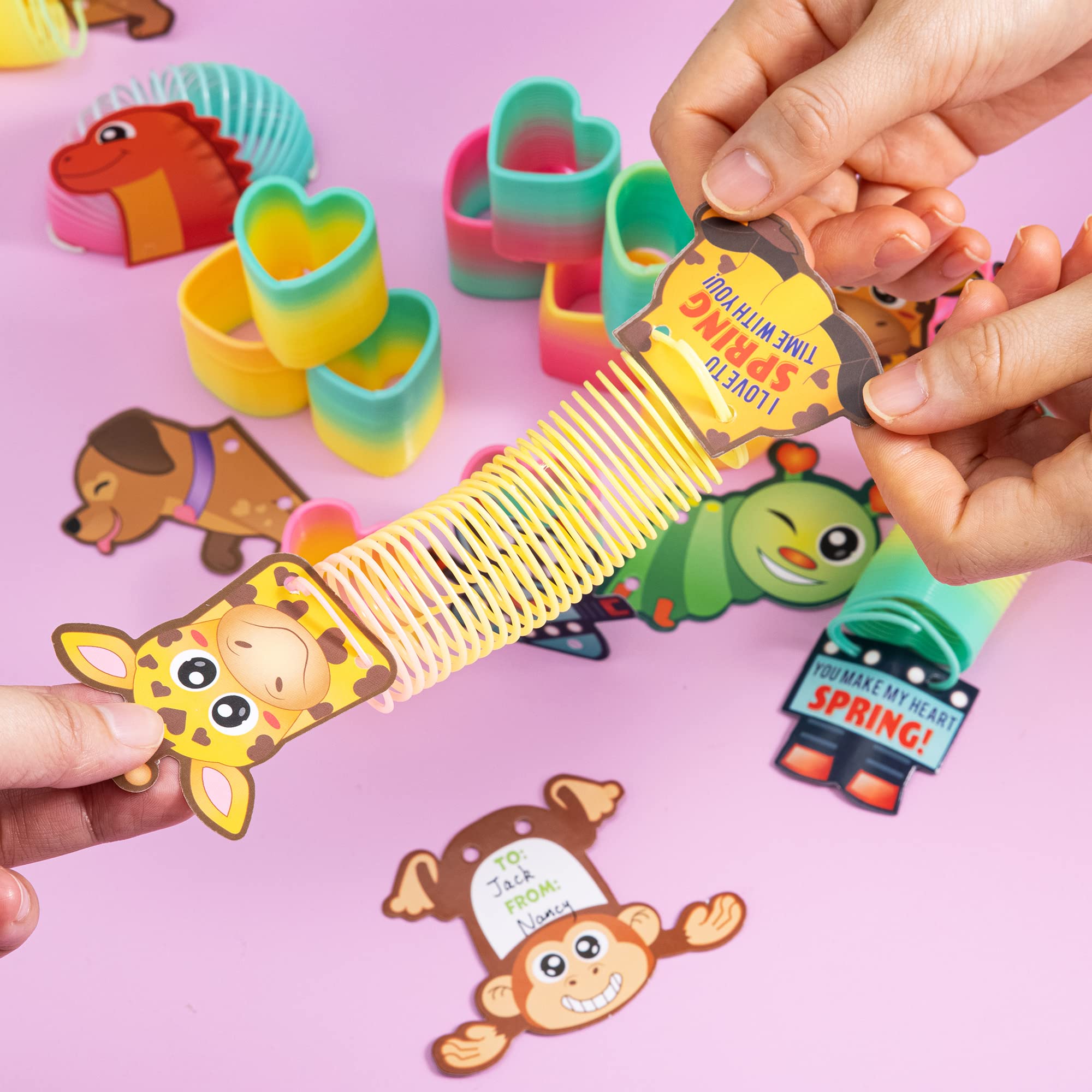 JOYIN 28 Packs Valentine's Day Animal Cards with Coil Springs Rainbow Springs, Stress Relief Coil Toys with Cards for Kids Valentine's Classroom Exchange Prizes Game Prizes, Valentine's Party Favors
