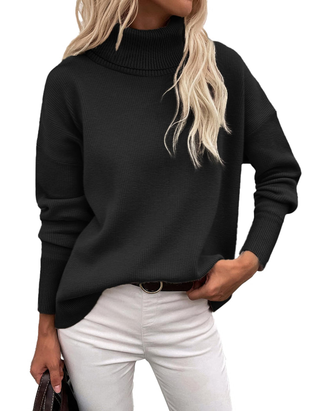 Zeagoo Women's Turtleneck Sweater 2025 Fall Winter Chunky Knitted Pullover High Low Hem Trendy Basic Jumper Top Black