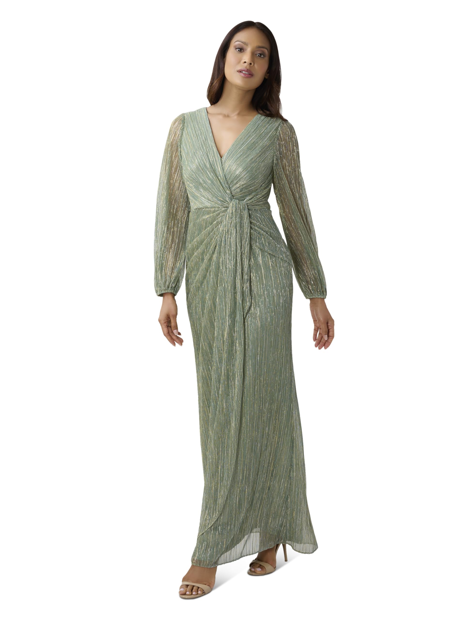 Adrianna Papell Long Sleeve Crinkle Metallic Gown with Draped Waist Detail Green Slate 4