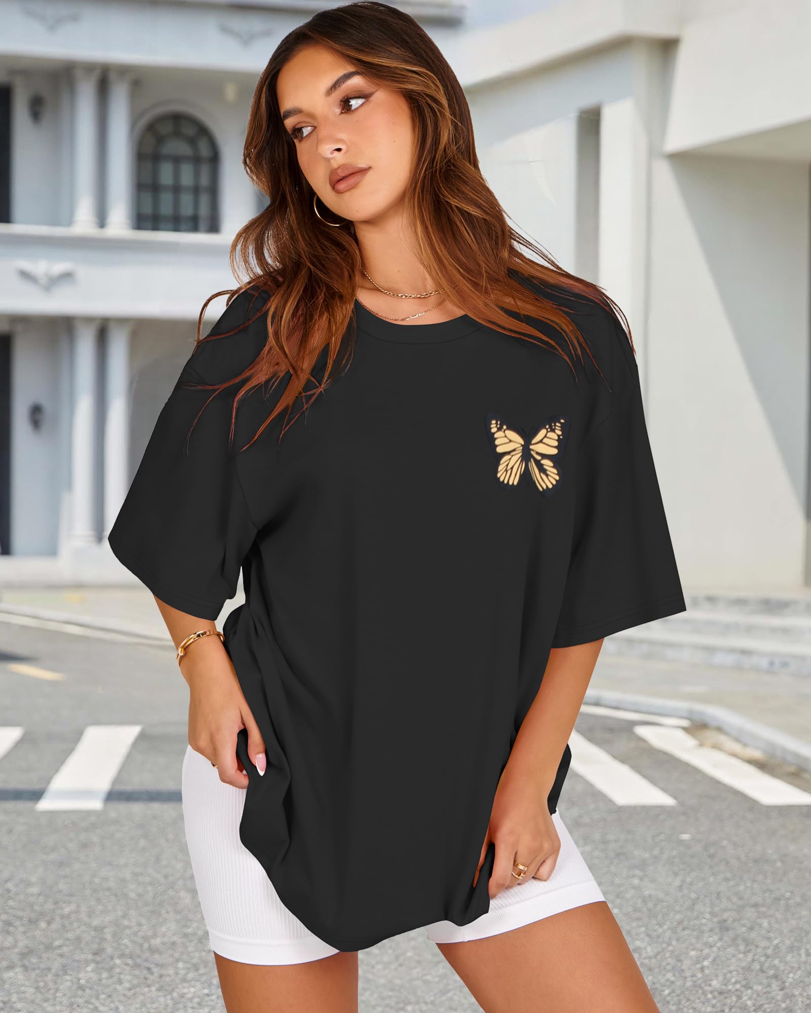 Womens Oversized Tshirt Graphic Tees Crew Neck Summer Short Sleeve Loose Fit Tops (A-Butterfly Print Black, L)