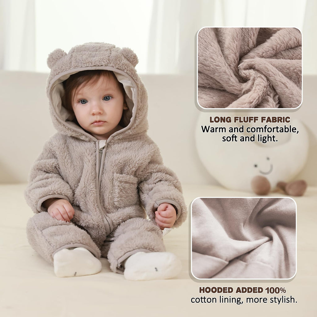 AiWMGL Newborn Baby Bear Outfit Suit With Fold-Over Mittens and Footies Girls Boys 0-3 Months Winter Fleece Clothes Suit Hooded Jumpsuit Romper Snowsuit