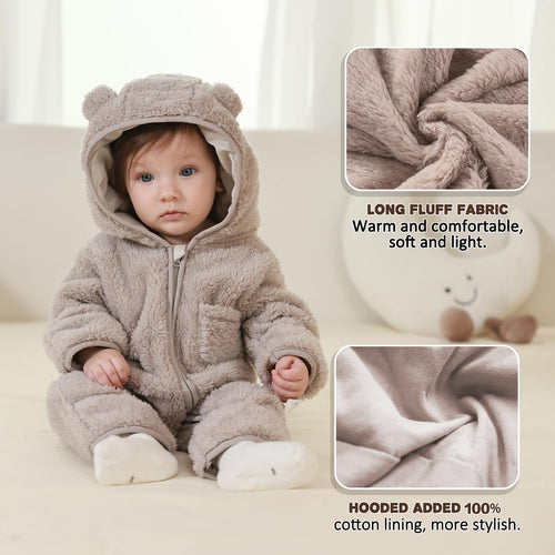 AiWMGL Newborn Baby Bear Outfit Suit With Fold-Over Mittens and Footies Girls Boys 0-3 Months Winter Fleece Clothes Suit Hooded Jumpsuit Romper Snowsuit