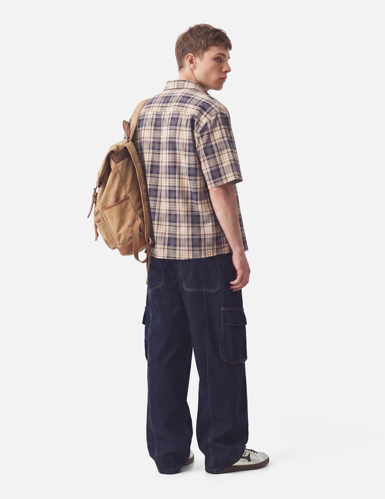 Mens Button Down Shirts - Short Sleeve Boxy Shirt, Plaid & Striped Tops Blue