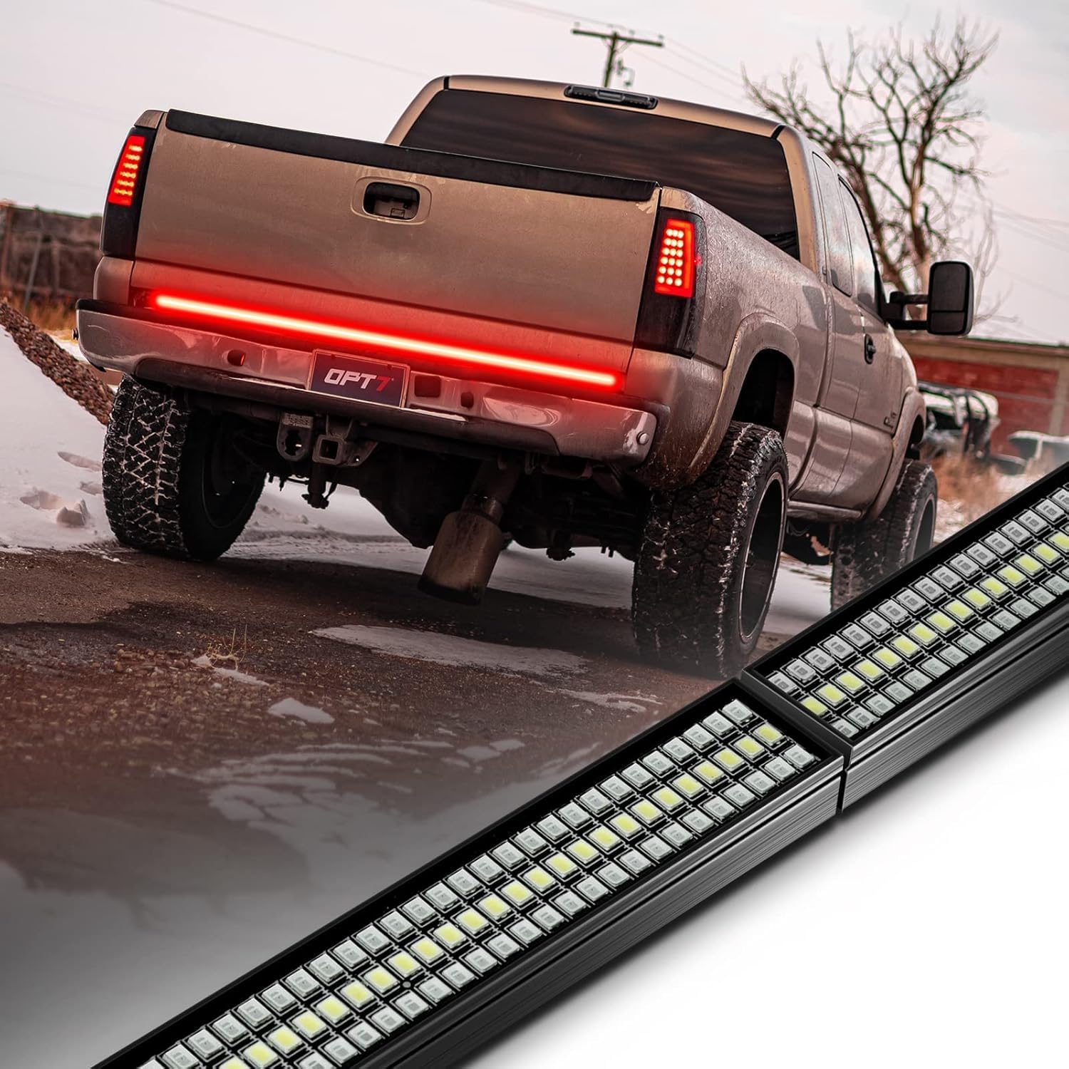 OPT7 Redline Parlux 60" Aluminum Truck Tailgate Light Bar w/Sequential Red Turn - Rigid 2-Section Triple Row LED Light Strip w/Ignition Sequence, Red Running Brake, Triple-Flash White Reverse