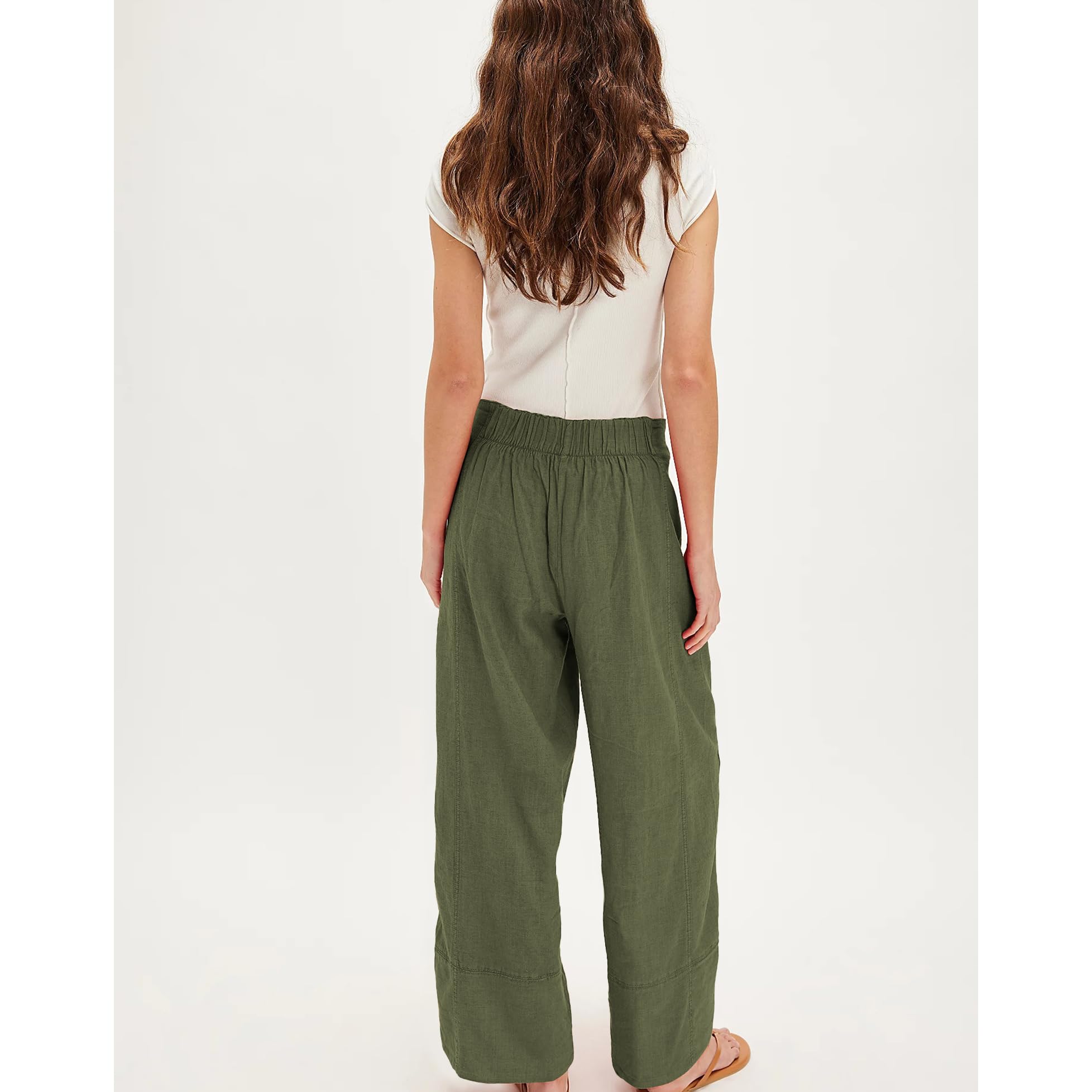 SeeLuNa Linen Pants for Women Cotton Baggy Boho Casual Palazzo Pants Wide Leg Long Lounge Trousers with Pockets(Army-Green,S)