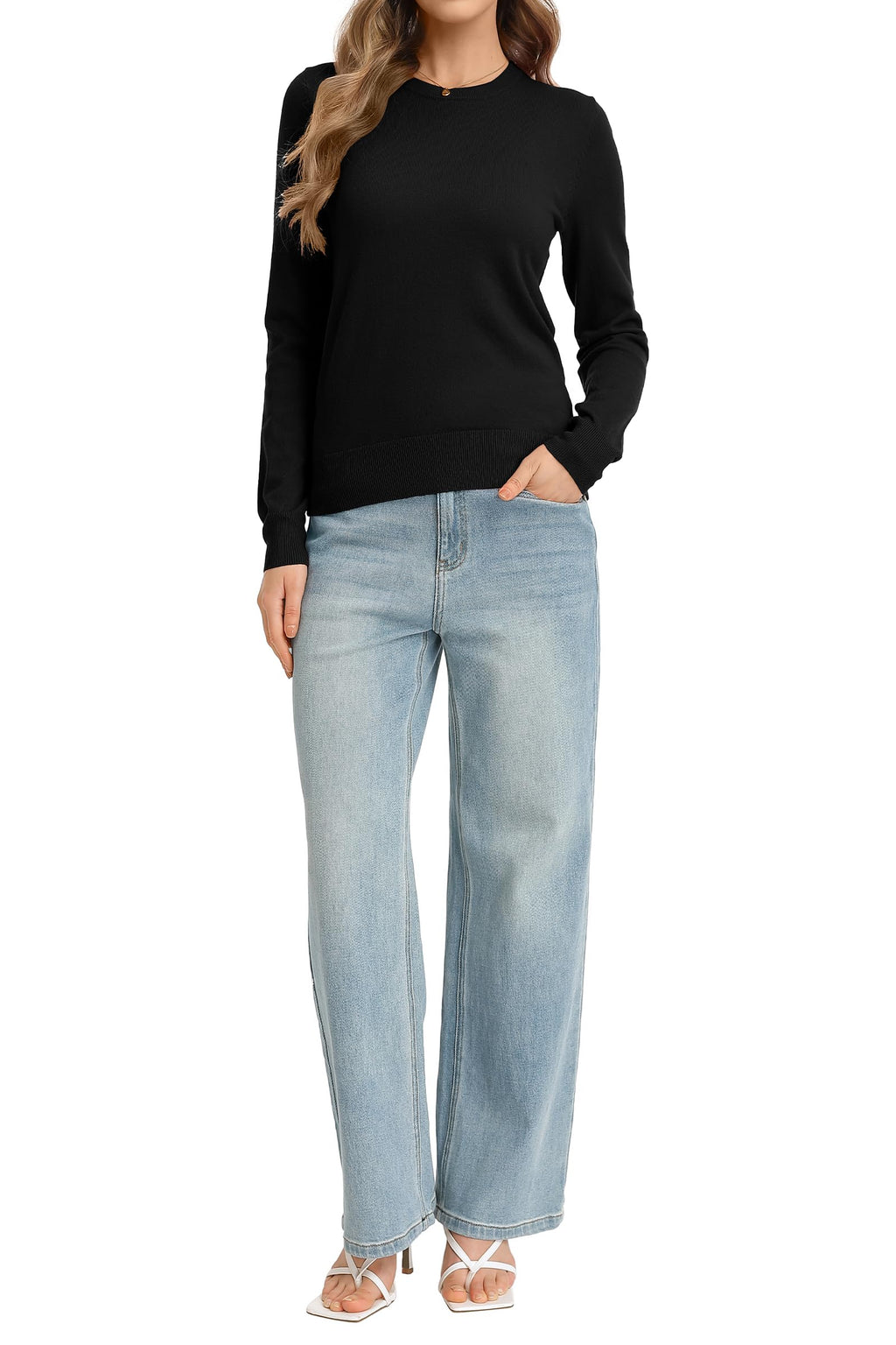 QUALFORT Women's Sweater Crewneck Sweater Pullover Black Knitted Jumper Tops Large