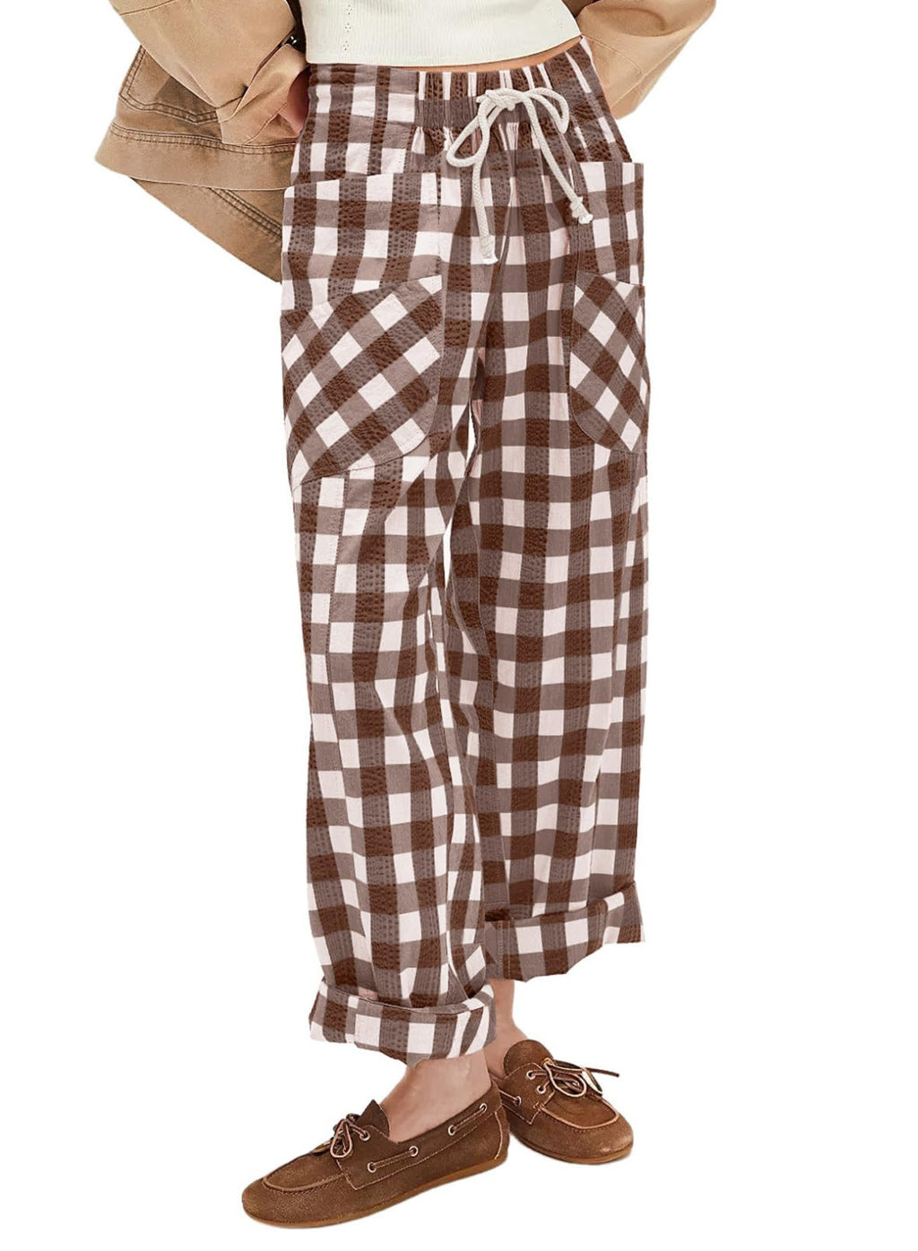 Acelitt Womens Casual Checkered Pants Fall Fashion 2026 Loose Drawstring Elastic Waist Ankle Pants Trousers with Pockets Brown Large