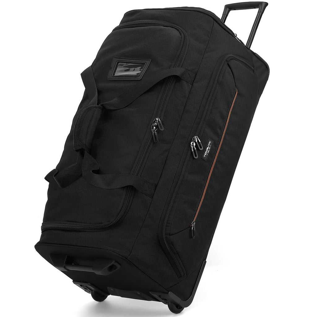 TONRUYN Large Rolling Duffle Bag with Wheels and Handle 85L 29 inch Travel Duffel Bag for Men Women with Shoe Compartment & Wet Pocket, 2 Wheeled Checked Luggage for Business Travel Long Trips, Black