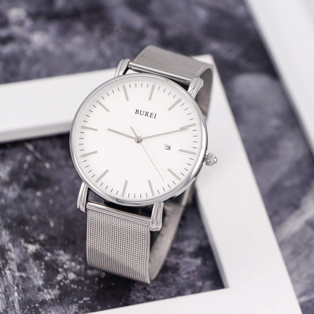 BUREI Men Watches Fashion Minimalist Waterproof Watches for Men Women Student,Silver.