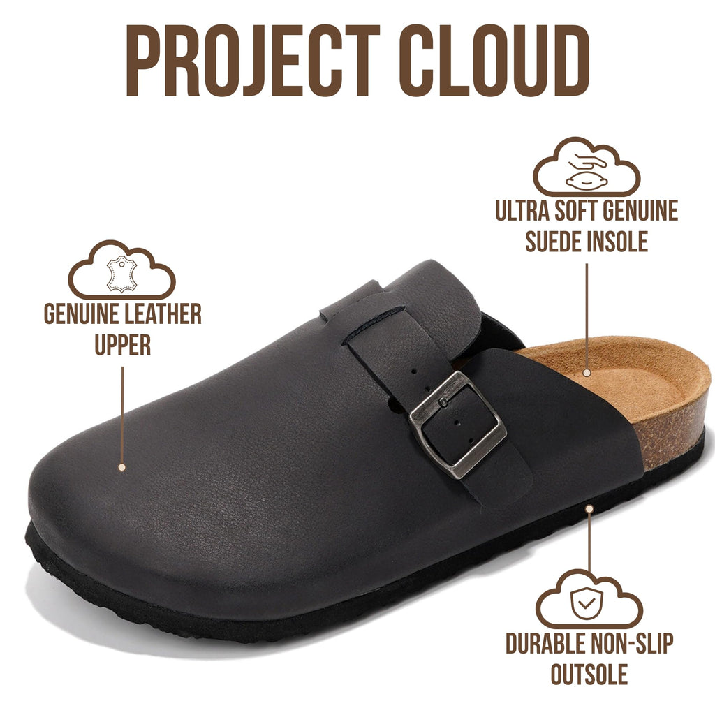 Project Cloud Mens Clogs - 100% Full Grain Genuine Leather Clogs for Men with Memory Foam Insole and Arch Support Natural Cork Footbed - Non Slip Mules Mens Slippers (Brooklyn, BLK, 11)