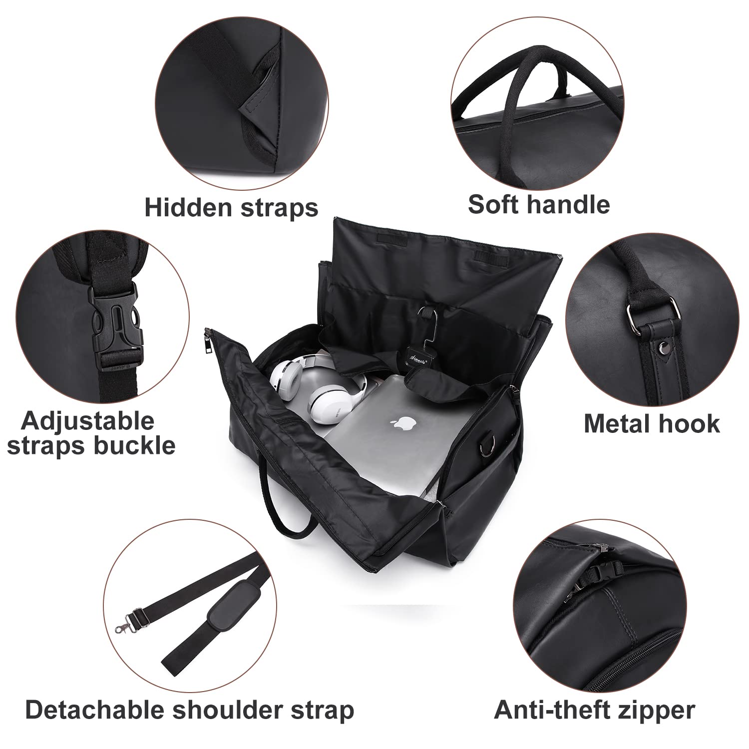 Carry On Garment Backpack, 3 in 1 Waterproof Mens Garment Bag for Travel Business, Leather Duffel Bag with Shoe Compartment -Black