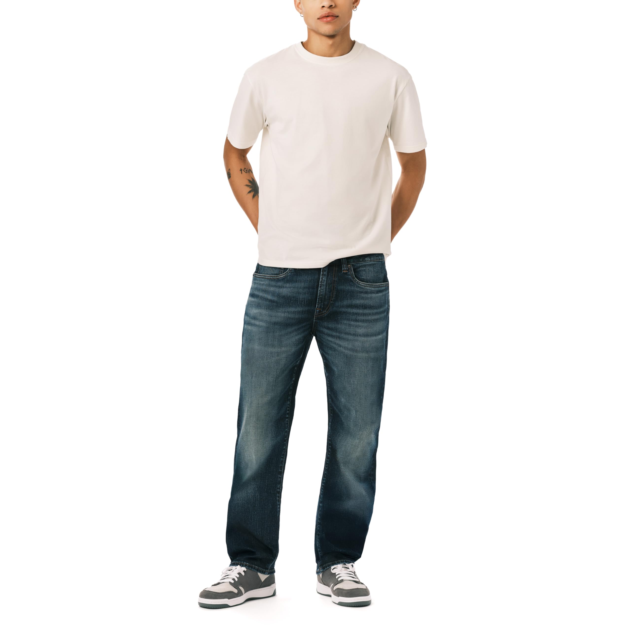 Buffalo David Bitton Men's Relaxed Straight Leg Driven Jean, Crinkled Mid Blue, 32W x 34L