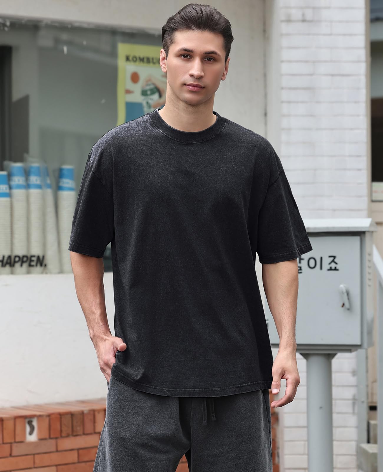 KEEPSHOWING Men's Cotton T-Shirts Oversized Unisex Short Sleeves Casual Loose Wash Solid Basic Tee Tops(A-Black XL)