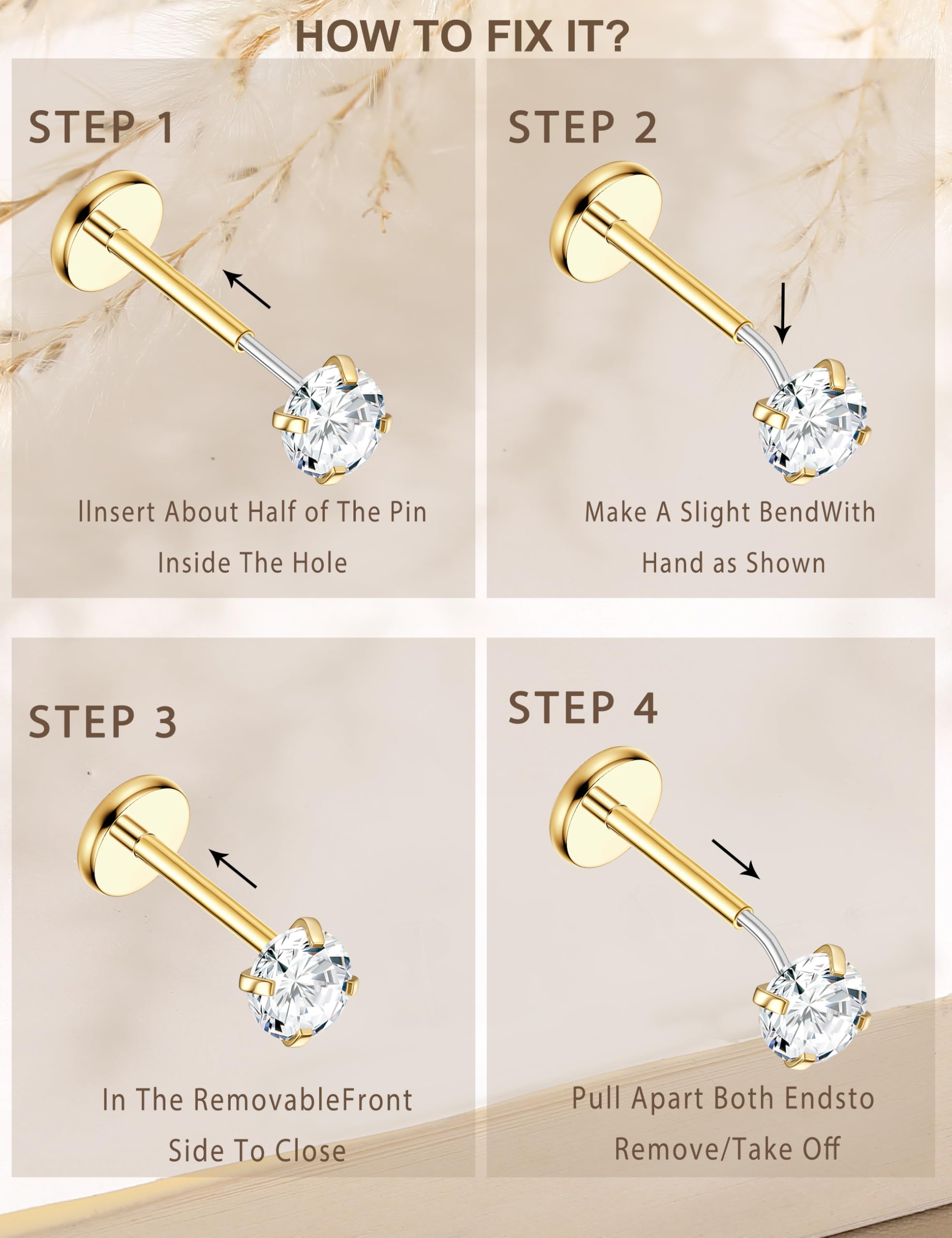JeryWe Nose Rings for Women - 14K Gold Filled Hypoallergenic Surgical Steel Nose Ring Hoops CZ Lip Ring Screw L Shaped Studs Threadless Flat Back Stud Nose Piercings Jewelry for Women Men CZ