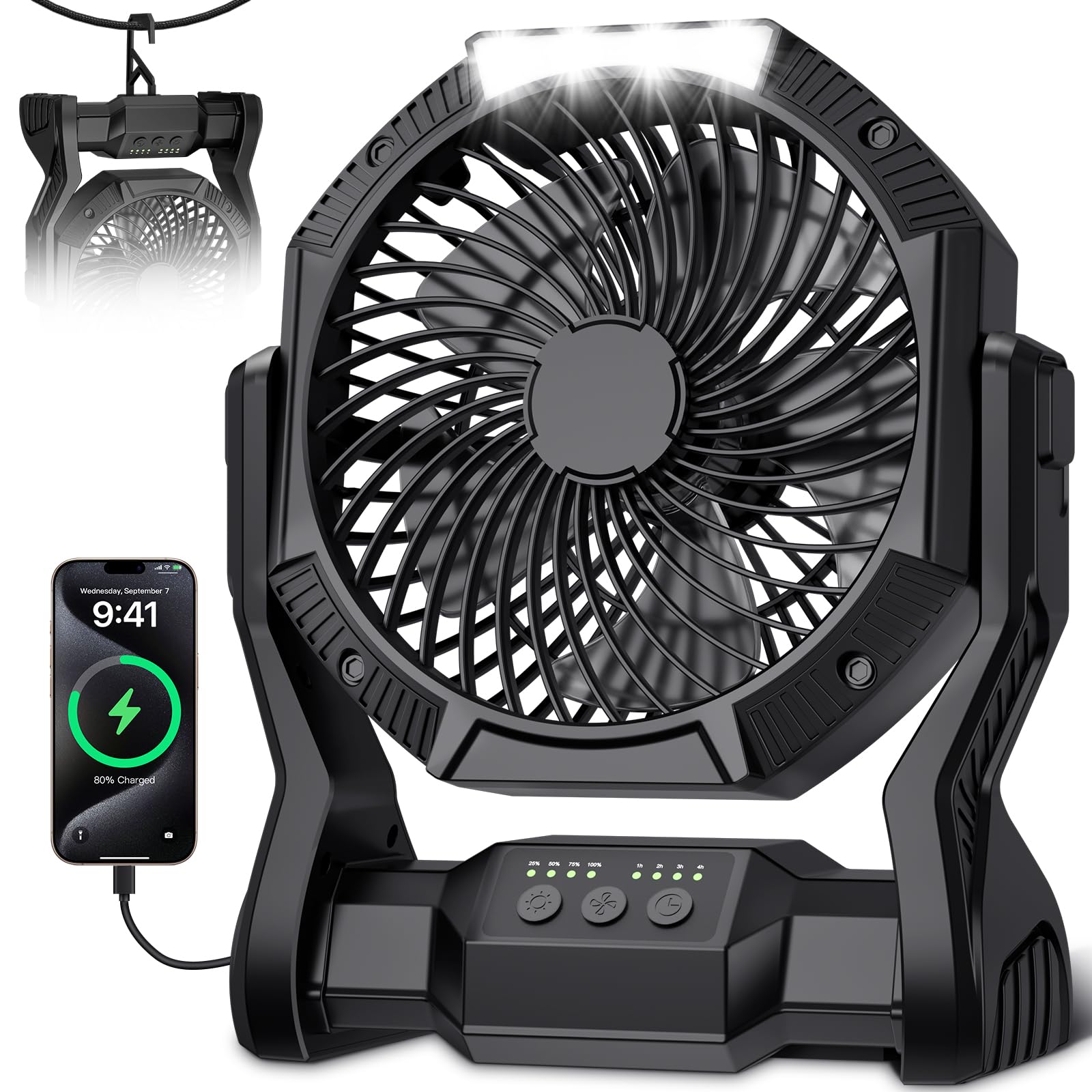Aynvixt Portable Rechargeable Fan, 20000mAh Battery Powered Camping Fan with LED Light & Hook, 270° Adjustable, 4-Speed, 4H Timer Camping Essentials for Outdoor Tent Travel BBQ Car, Gifts for Men Dad