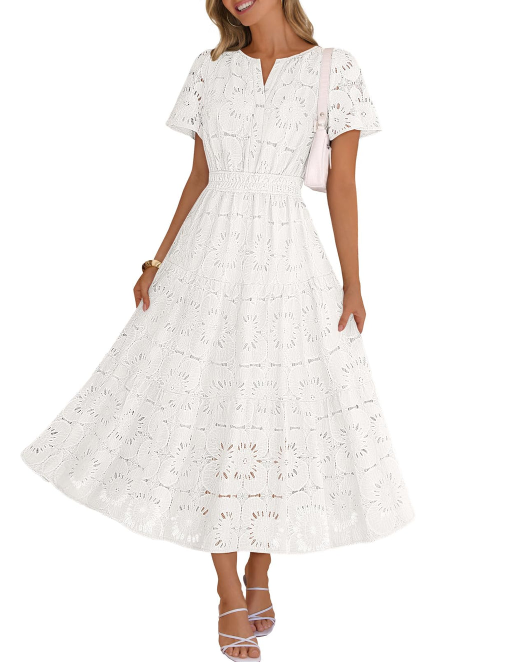 MEROKEETY Women's Summer Floral Maxi Dress 2026 Spring Boho Vacation Eyelet Lace Short Sleeve A Line Tiered Flowy Dresses, White, Medium