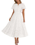 MEROKEETY Women's Summer Floral Maxi Dress 2026 Spring Boho Vacation Eyelet Lace Short Sleeve A Line Tiered Flowy Dresses, White, Medium